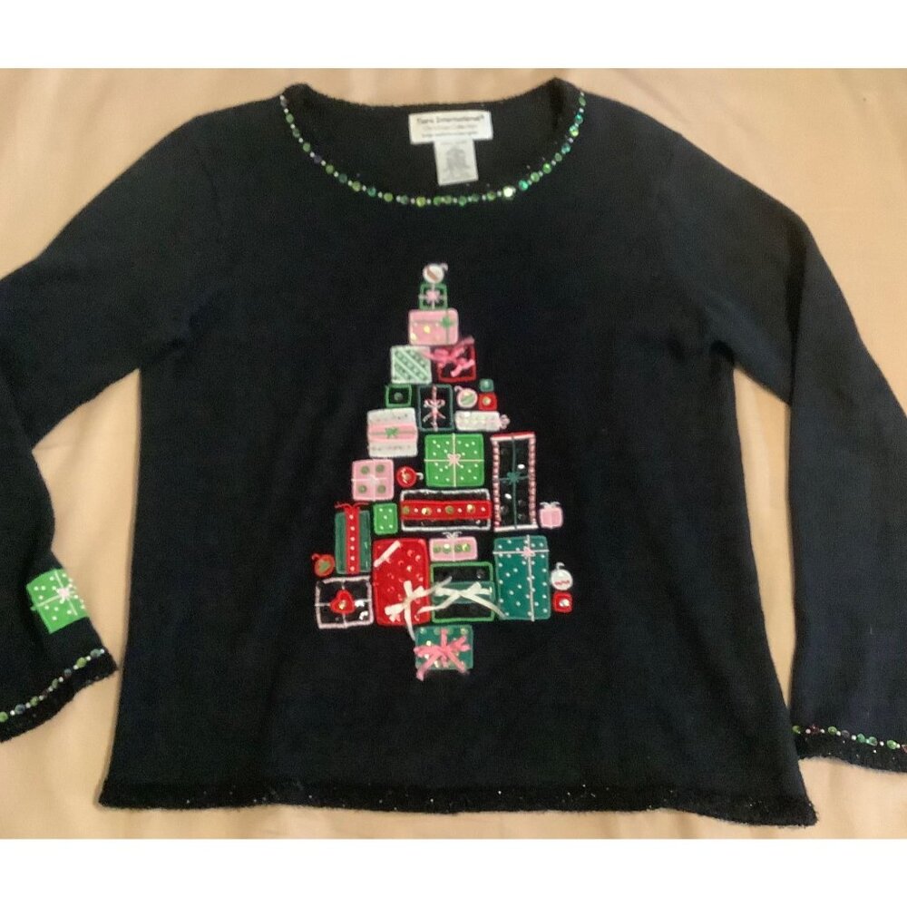Tiara International Ugly Christmas Sweater Womens M Black Gift Tree